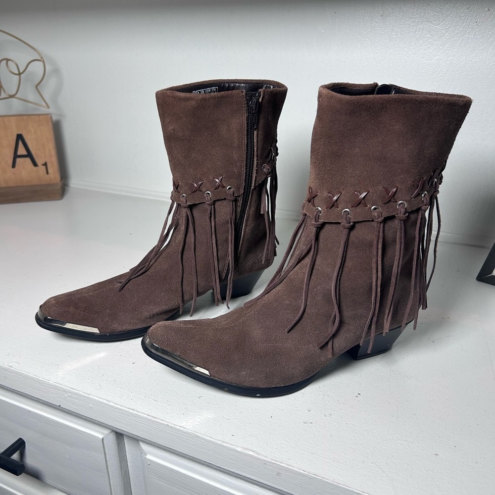 Oak Tree Farms Brown Suede Fringe Ankle Boots Women’s 8.5 Western Boho Side Zip